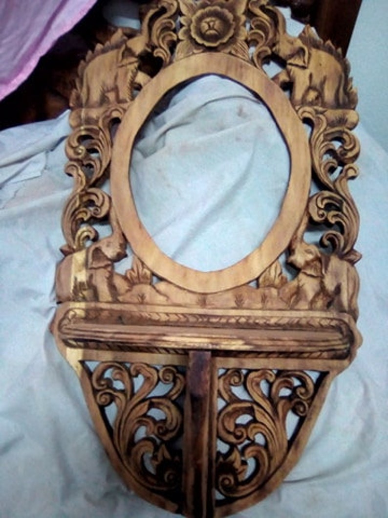 Wood Carved Mirror Frame Wood Carving Shelf Wooden Wall Art Etsy