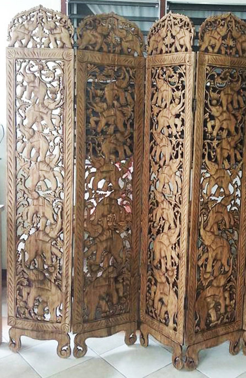 Vintage Teak Wood Carved Screen Room Divider 6 panels Etsy