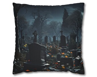 Goth Friedhof quadratischer Kissenbezug aus gesponnenem Polyester, Halloween Dark Decor Gothic Home Akzent quadratischer Kissenbezug, Halloween Geschenk