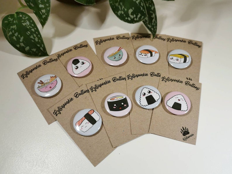 Cute Kawaii Sushi Handmade Button Pin Badges, Lytsepoekie Original Design image 1