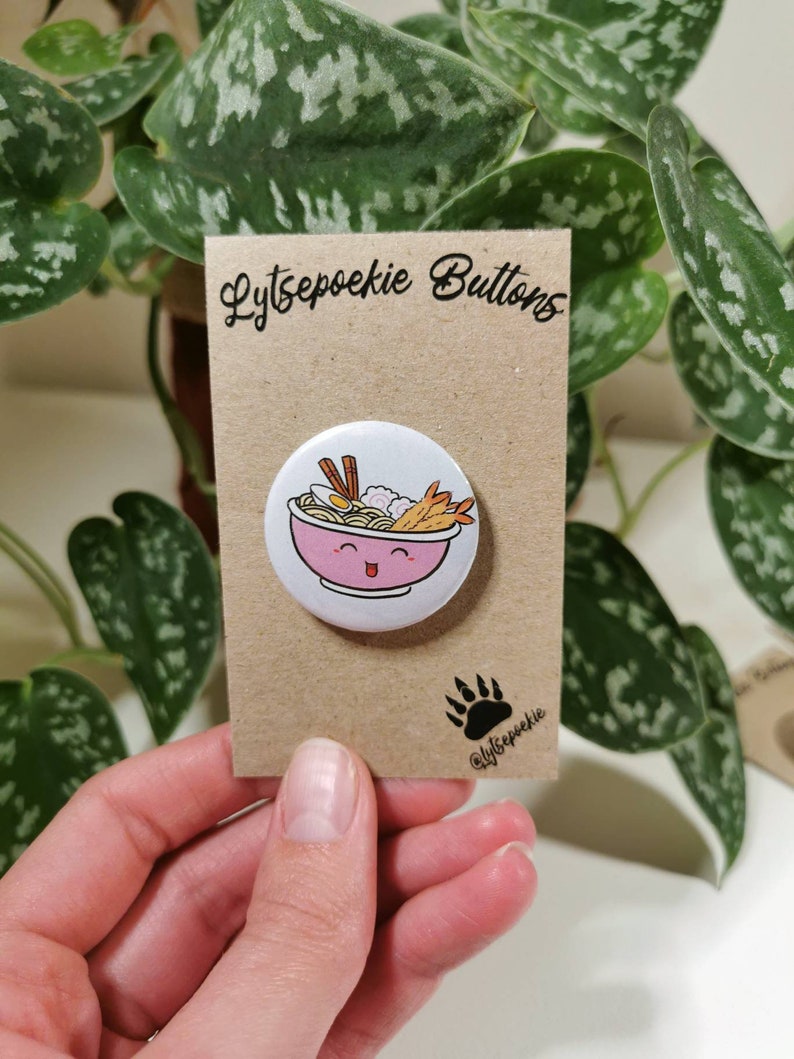 Cute Kawaii Sushi Handmade Button Pin Badges, Lytsepoekie Original Design Ramenbowl pink