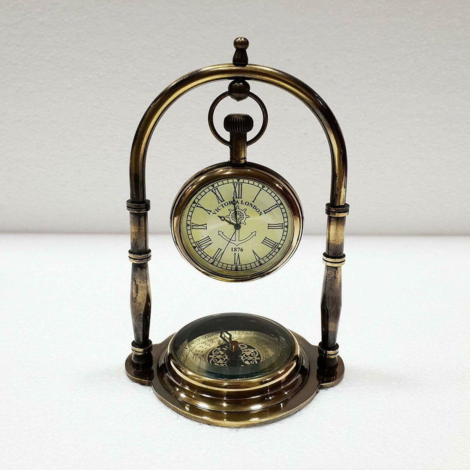 Antique Rustic Brass Table Clock With Compass On Its Base Etsy