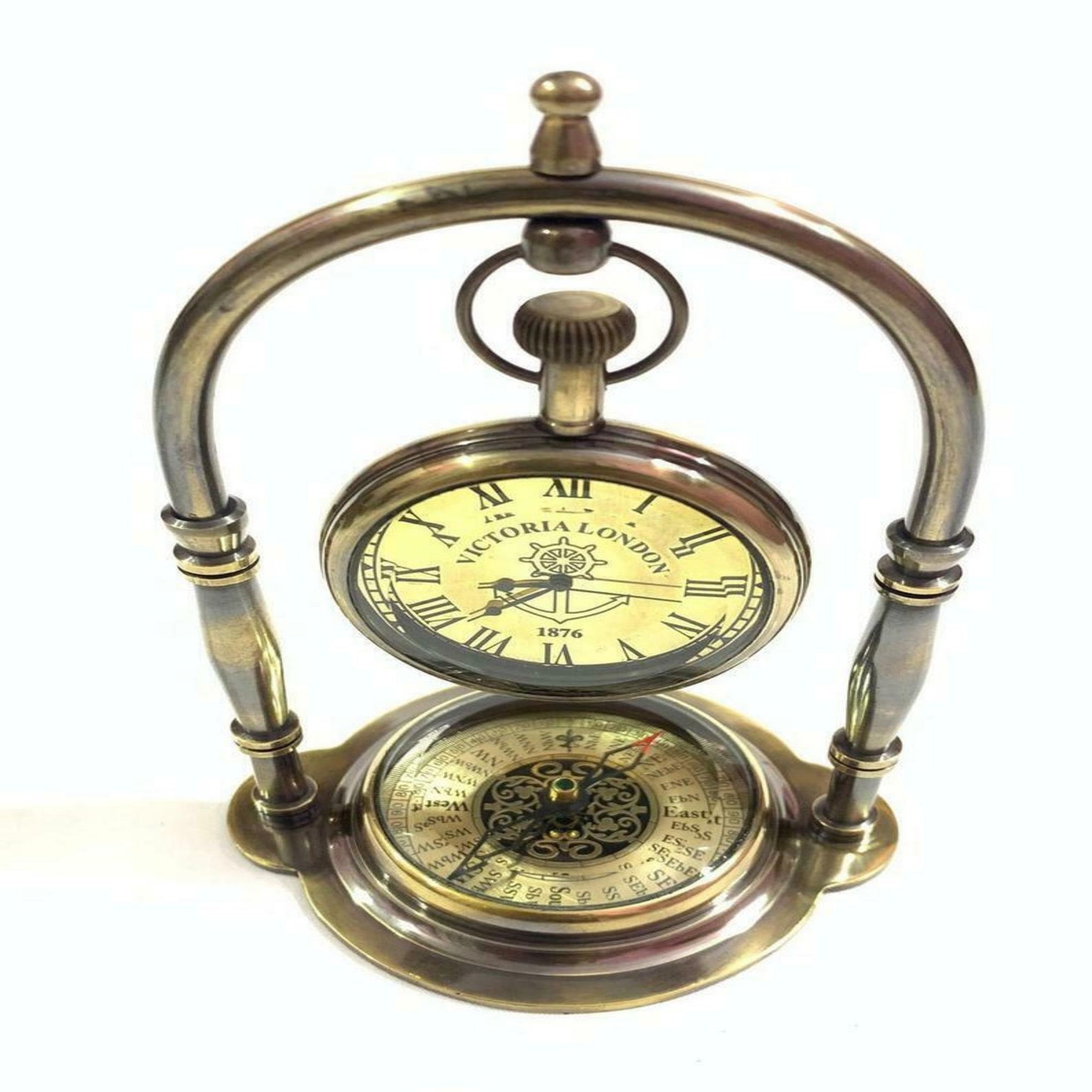 Antique Rustic Brass Table Clock With Compass On Its Base Etsy