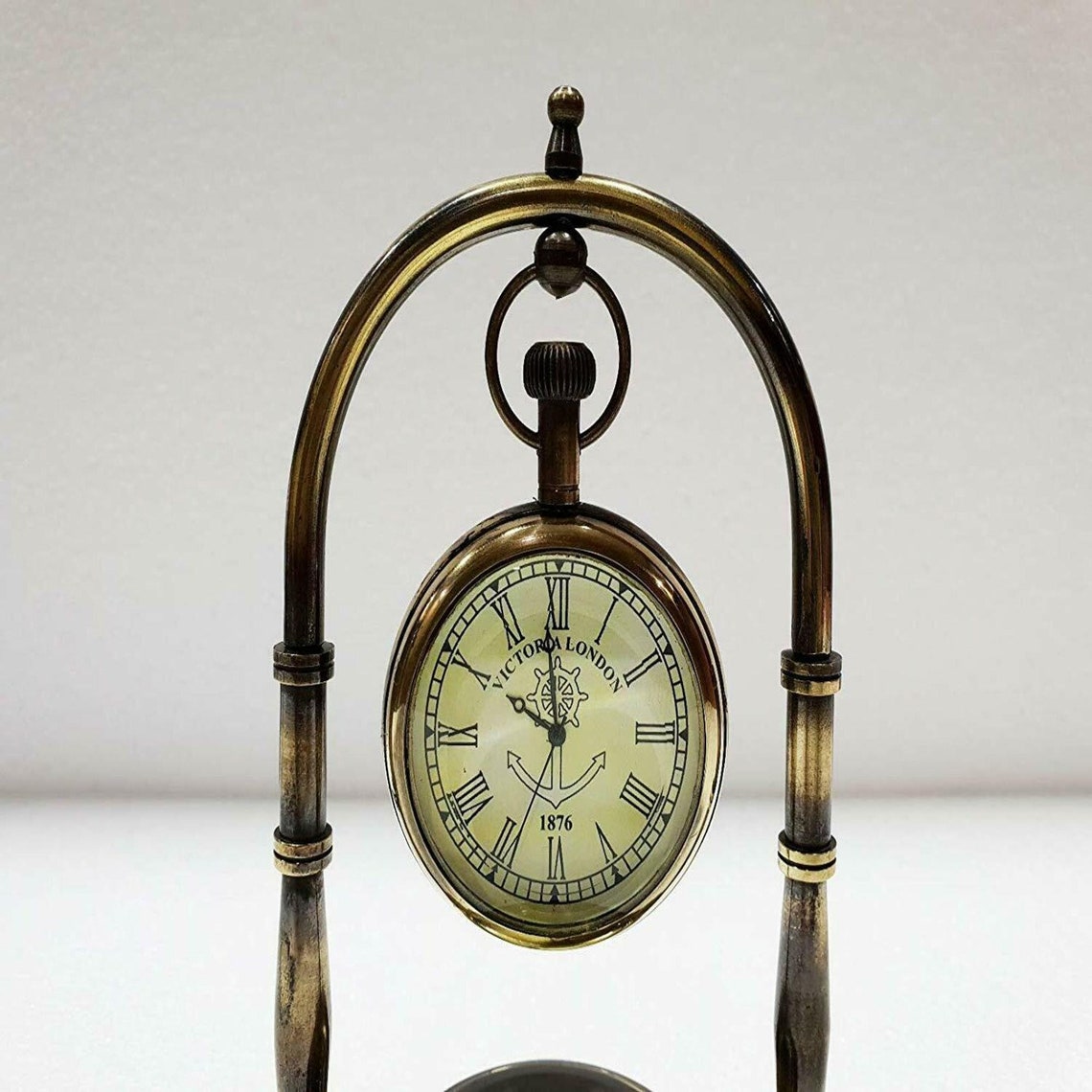 Antique Rustic Brass Table Clock With Compass On Its Base Etsy