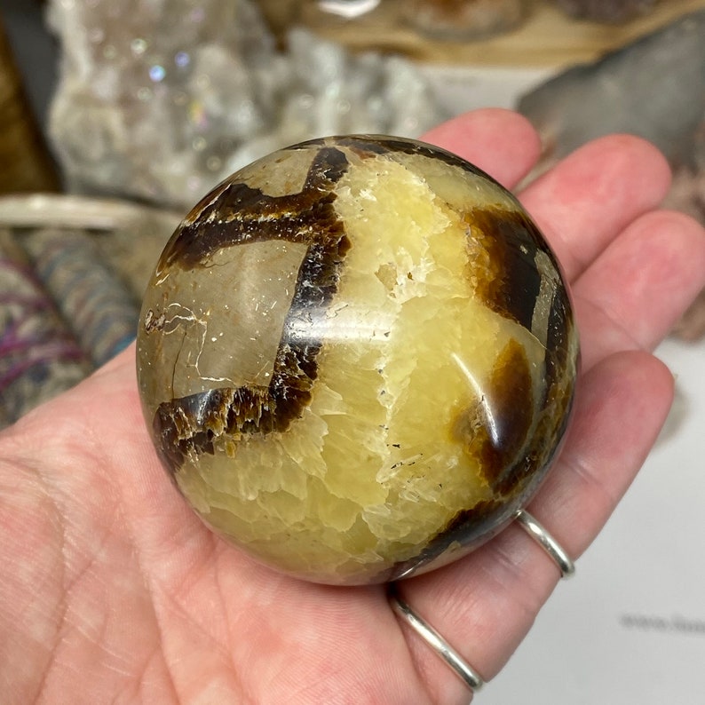 septarian yellow calcite septarian nodule Septarian 57mm Sphere limestone septarian sphere crystal sphere barite brown aragonite