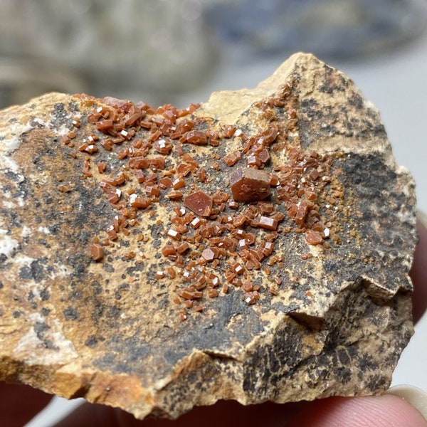 Vanadinite #01 with Dendrites, vanadinite crystal, vanadium, red hexagonal crystals, red crystals, orange crystals, ruby red crystals