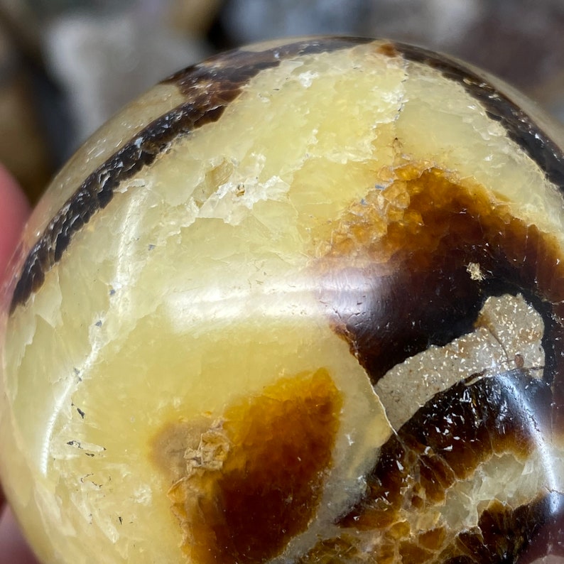 septarian yellow calcite septarian nodule Septarian 57mm Sphere limestone septarian sphere crystal sphere barite brown aragonite