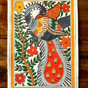 May include: Hand-painted artwork of a peacock with a vibrant red and orange tail, set against a backdrop of green foliage and red flowers. The peacock's body features intricate patterns in shades of gray, yellow, and brown, framed by an orange border.