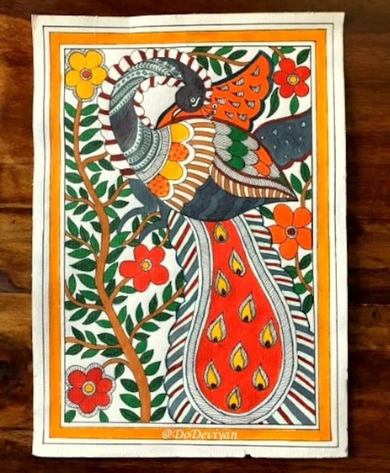 May include: Hand-painted artwork of a peacock with a vibrant red and orange tail, set against a backdrop of green foliage and red flowers. The peacock's body features intricate patterns in shades of gray, yellow, and brown, framed by an orange border.
