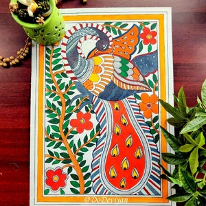 May include: A vibrant peacock painting with a red and orange tail, set against a white background with a yellow border. The artwork features a tree with red flowers and green leaves. The artist's name, @DoDeviyan, is visible.