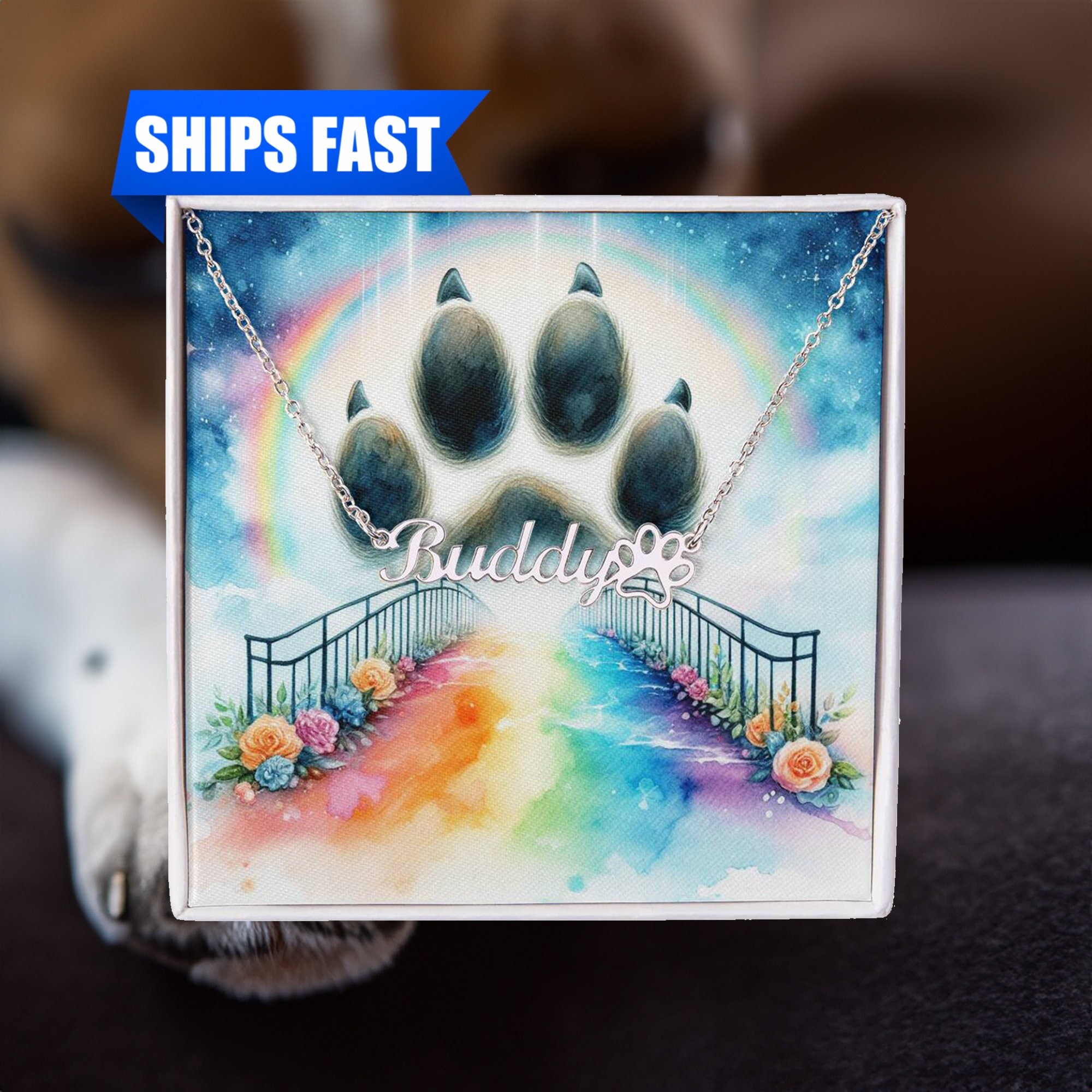 Rainbow Bridge Pet Memorial Paw Name Necklace, Pet Memorial Jewelry ...