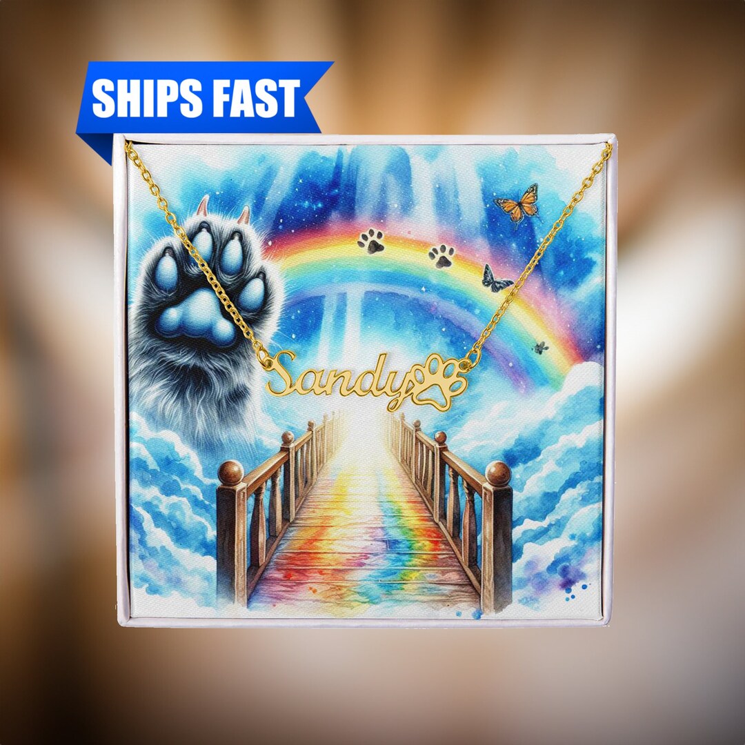 Rainbow Bridge Cat Paw Memorial Name Necklace, Pet Memorial Jewelry ...