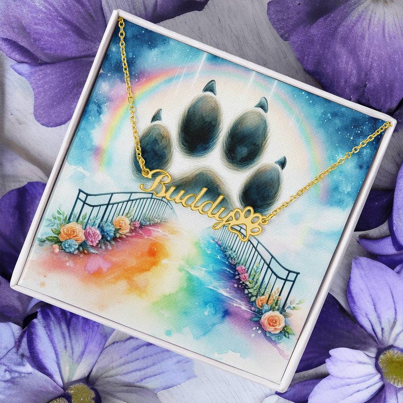 Rainbow Bridge Pet Memorial Paw Name Necklace, Pet Memorial Jewelry ...