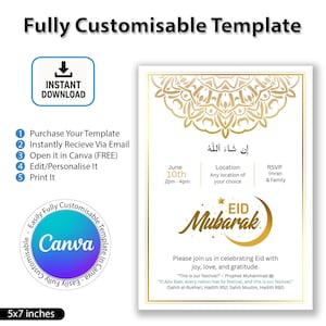 Plantilla de invitación para Eid: diseño de Canva editable e imprimible para fiestas, cenas o celebraciones de Eid. Descarga instantánea.