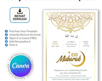 Puede incluir: Una plantilla de invitación blanca con detalles dorados y texto que dice "Eid Mubarak". El diseño incluye una luna creciente y una estrella doradas, con detalles del evento y una cita. La plantilla mide 12,7 x 17,8 cm.