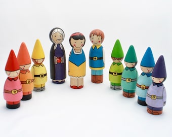 Blancanieves y los siete enanitos ⎟Muñecos de clavija⎟Conjunto peg dolls⎟Cuento peg dolls⎟Juguete de madera⎟Juguete educativo⎟Regalo niños