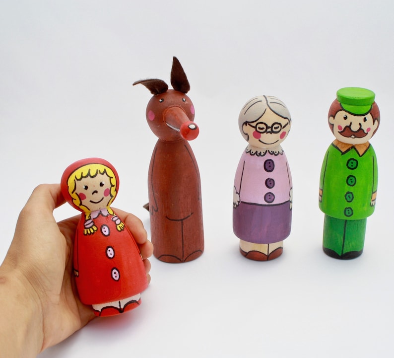 Caperucita Roja y el loboMuñecos de clavija Conjunto peg dolls Cuento muñecos de clavijaJuguete de maderaJuguete educativoRegalo niños imagen 8