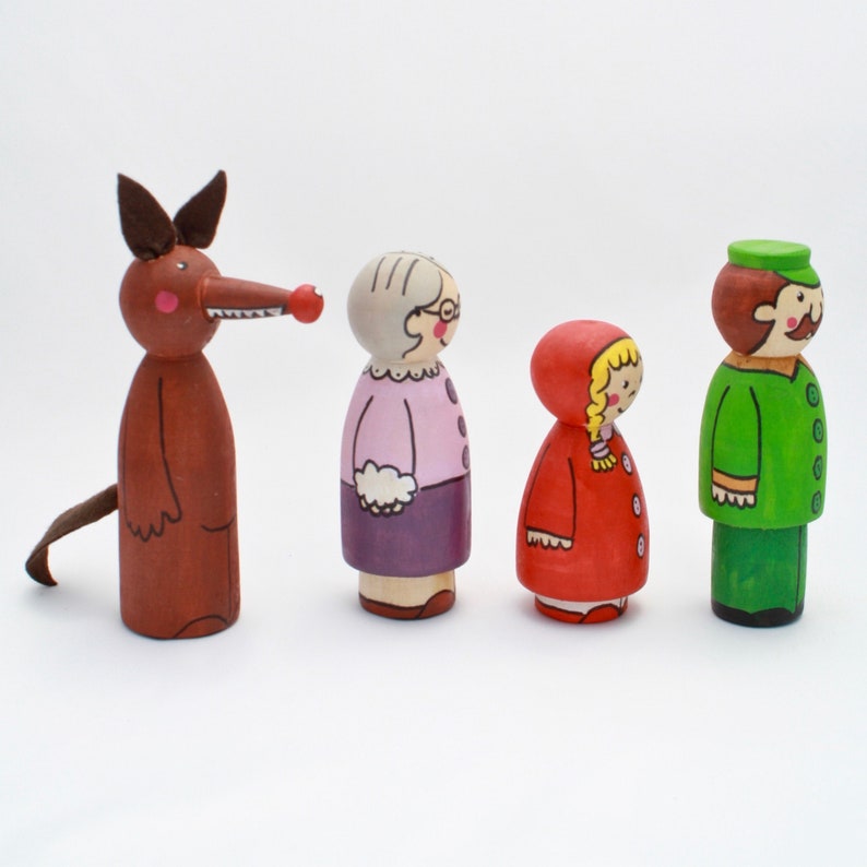 Caperucita Roja y el loboMuñecos de clavija Conjunto peg dolls Cuento muñecos de clavijaJuguete de maderaJuguete educativoRegalo niños imagen 2