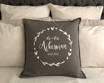 Personalized Wedding Cushion Cover | Mr & Mrs Heart Wreath, Cotton Anniversary Gift