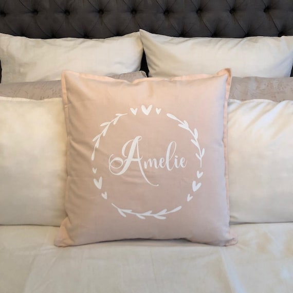 Personalised Cotton Cushion Cover | Heart Wreath with Name | Pink and White | White & Rose Gold | Home Decor | Child's Name | Personal Gift