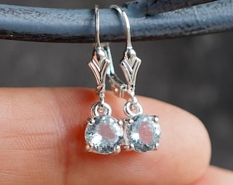 Natural Aquamarine Sterling Silver 6mm Round Lever Back Drop Earrings Gift Boxed