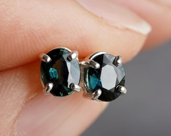 Natural Teal Sapphire Sterling Silver Oval Stud Earrings Gift Boxed