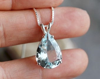 Natural Large Aquamarine Teardrop Pendant: Sterling Silver Necklace, Gift Boxed