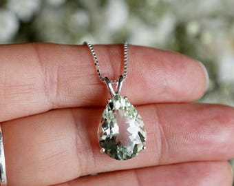 Green Amethyst Prasiolite Pear Shaped 925 Sterling Silver Pendant Necklace Gift Boxed