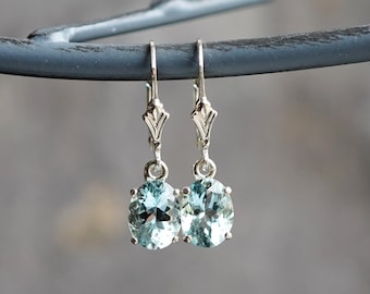 Sterling Silver Aquamarine Drop Earrings, Fleur De Lis Leverback, Natural Gemstone