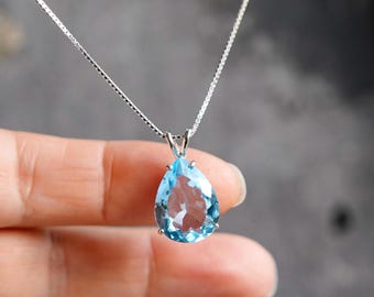Natural Swiss Blue Topaz 12x16mm Pear 925 Sterling Silver Pendant Necklace