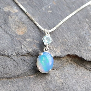 Ethiopian Welo Opal and Aquamarine 925 Sterling Silver Pendant Necklace Gift Boxed