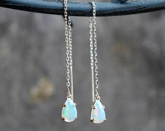 Threader Earrings Sterling Silver Natural Ethiopian Opal Pear Drop Earrings
