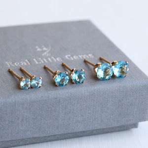 Swiss Blue Topaz 925 Sterling Silver or 14k Gold Filled Round Stud Earrings 3, 4 or 5mm Gift Boxed Gift for Her