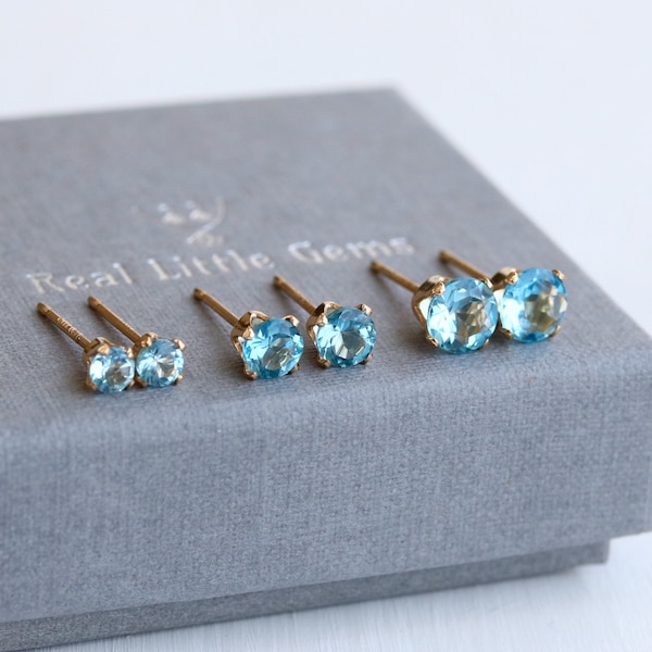 Swiss Blue Topaz 925 Sterling Silver or 14k Gold Filled Round Stud Earrings 3, 4 or 5mm Gift Boxed Gift for Her