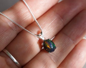 Black Ethiopian Opal Pendant Necklace: Oval Sterling Silver Chain