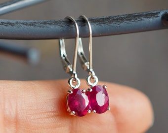 Natural Ruby Sterling Silver Drop Earrings: Lever Back, Gift Boxed
