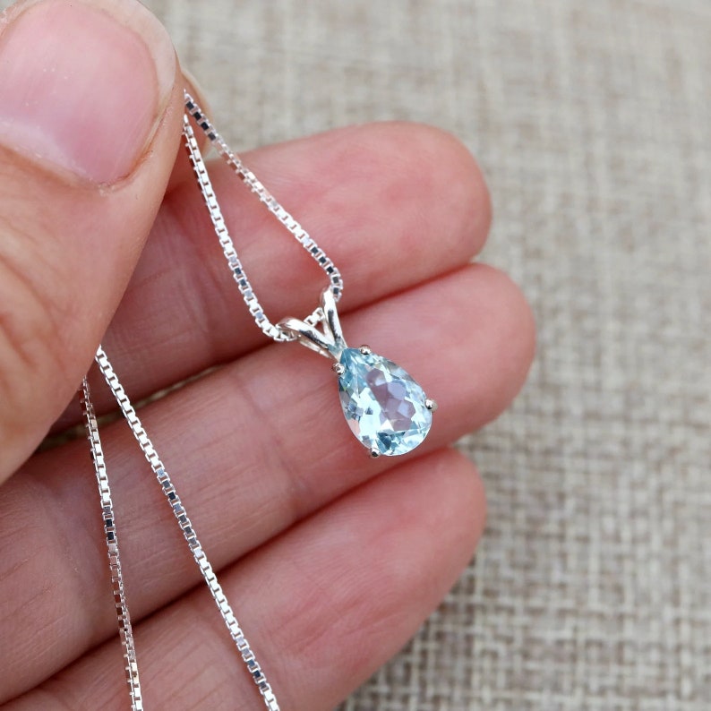 Natural Aquamarine 925 Sterling Silver Pear shaped Pendant Necklace Gemstone Jewellery Gift Boxed Aquamarine Necklace image 3