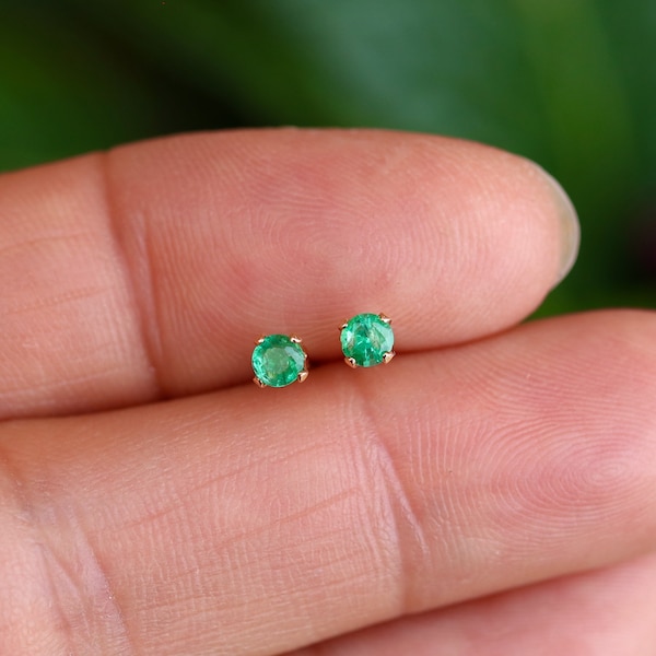 14k Gold Filled Tiny 3mm Round Natural Zambian Emerald Stud Earrings Gift Boxed