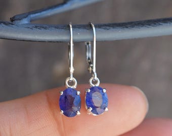 925 Sterling Silver Natural Blue Sapphire Oval 8 x 6mm Lever Back Drop Earrings