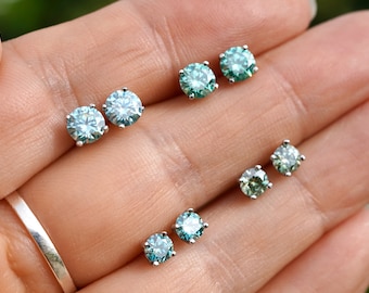 Green or Blue Moissanite Sterling Silver Round Stud Earrings 4 or 5mm Gift Boxed Gift for Her