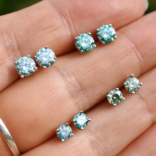 Green or Blue Moissanite Sterling Silver Round Stud Earrings 4 or 5mm Gift Boxed Gift for Her