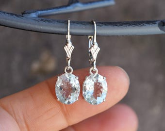 925 Sterling Silver Large Oval Natural Aquamarine Lever Back Drop Earrings Gift Boxed