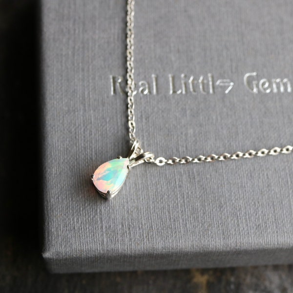 Dainty Faceted Natural Ethiopian Opal 925 Sterling Silver 8 x 5 mm Teardrop Pear Pendant Necklace Gift Boxed Gift for Her