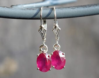 Oval Ruby Drop Earrings, Sterling Silver Fleur de Lis Lever Backs, Gift Boxed