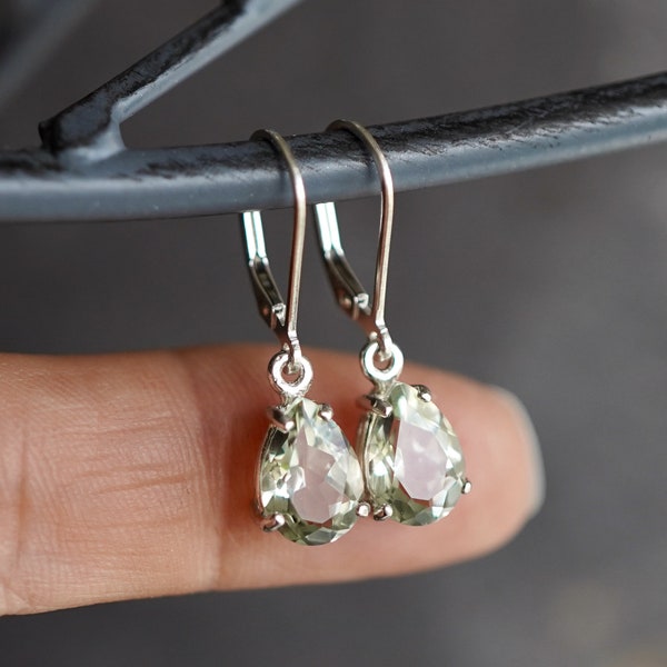 Green Amethyst Pear Shaped 925 Sterling Silver Lever Back Drop Earrings