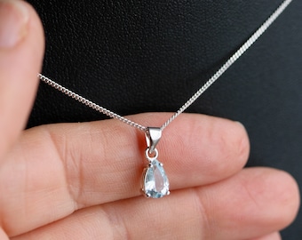 Natural Aquamarine 925 Sterling Silver Pear shaped Pendant Necklace Gemstone Jewellery Gift Boxed