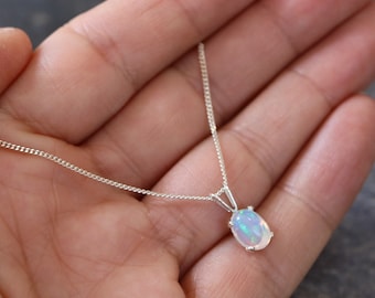 Dainty Ethiopian Welo Opal 6 x 8mm Oval 925 Sterling Silver Pendant Necklace Layering Jewellery Gift Natural Opal Necklace