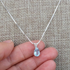 Natural Aquamarine 925 Sterling Silver Pear shaped Pendant Necklace Gemstone Jewellery Gift Boxed Aquamarine Necklace image 1