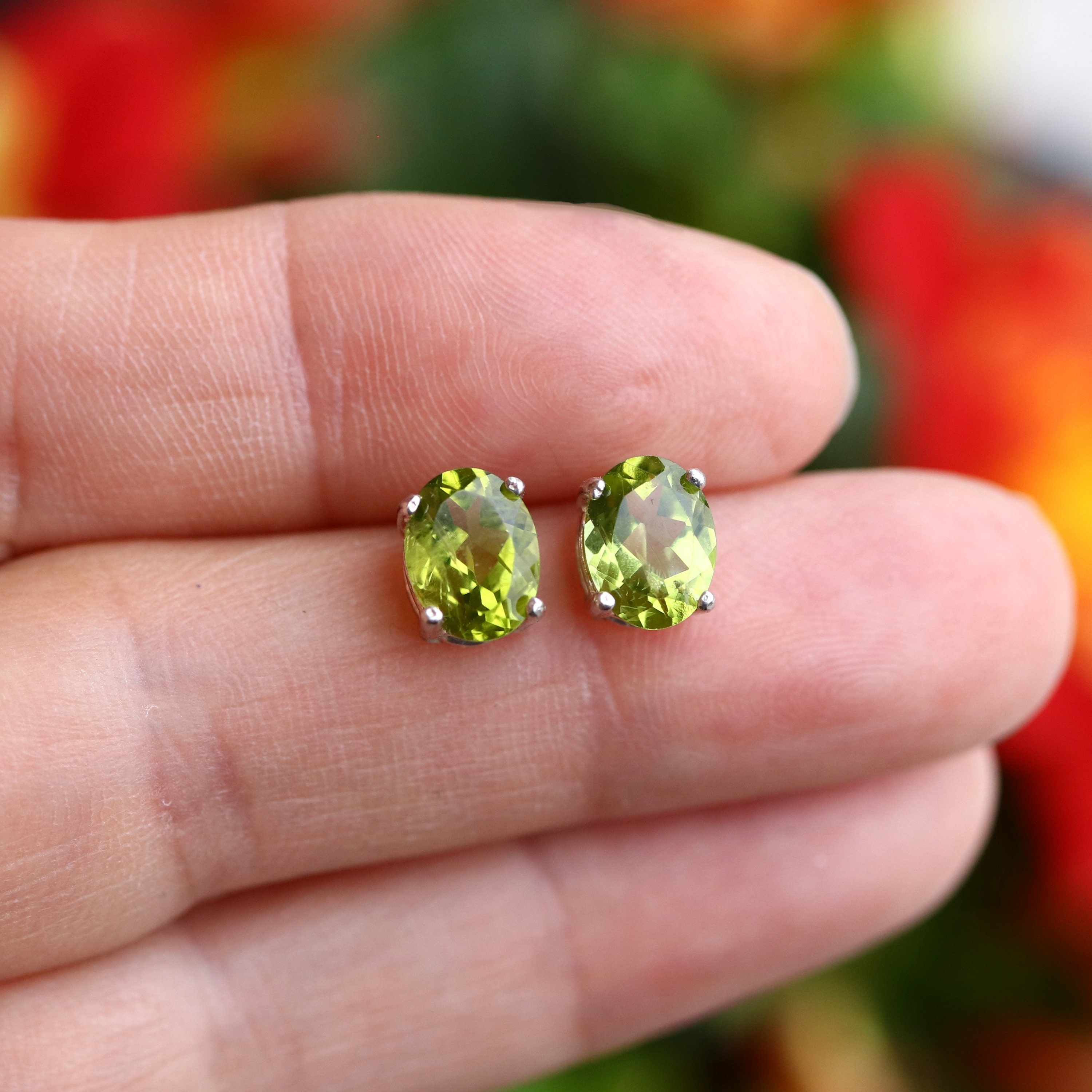 Large Oval Natural Peridot Stud Earrings 8 X 6mm Gift Boxed 