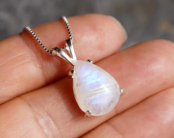 Rainbow Moonstone Pear Teardrop 925 Sterling Silver Pendant Necklace Gift Boxed